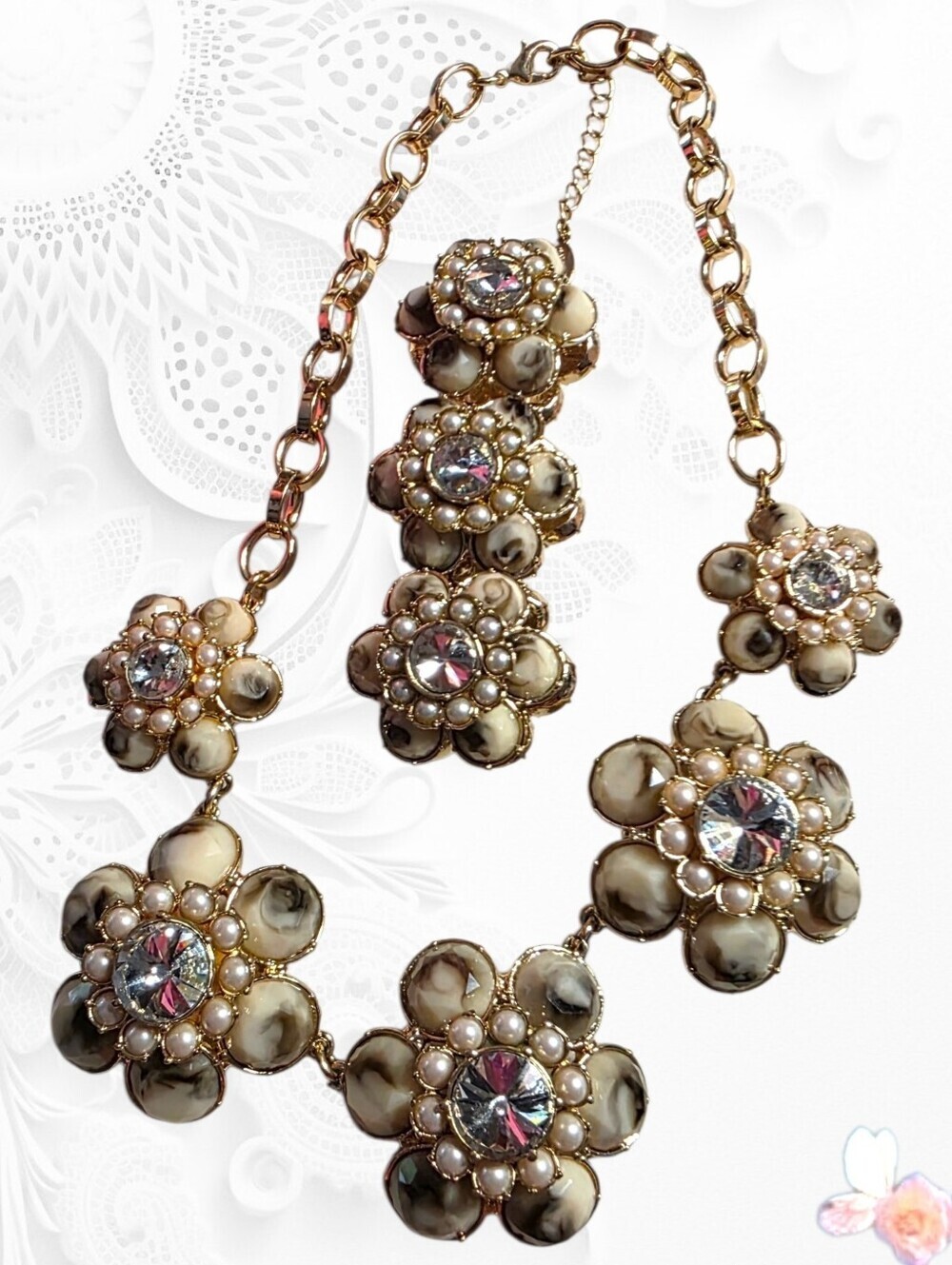 Ann Taylor Chunky Necklace & Bracelet Set Floral Cluster Pearls & Rhinestones